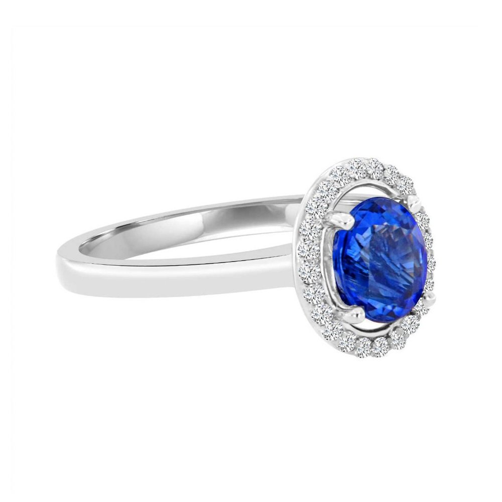 14K WhiteGold Oval Blue Sapphire Diamond Halo Ring - Picture 3 of 4